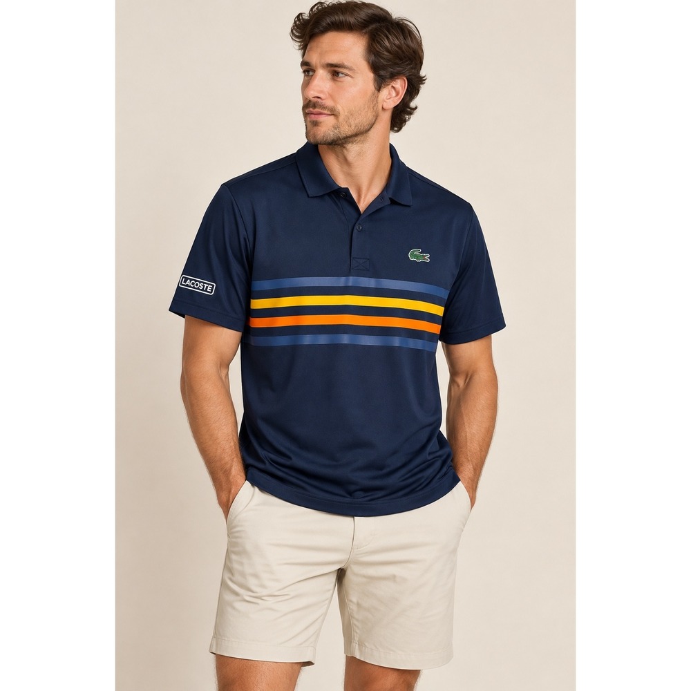 Lacoste Sport Polo Shirt Mens M Navy Stripe Ultra Dry Golf Tennis Performance
